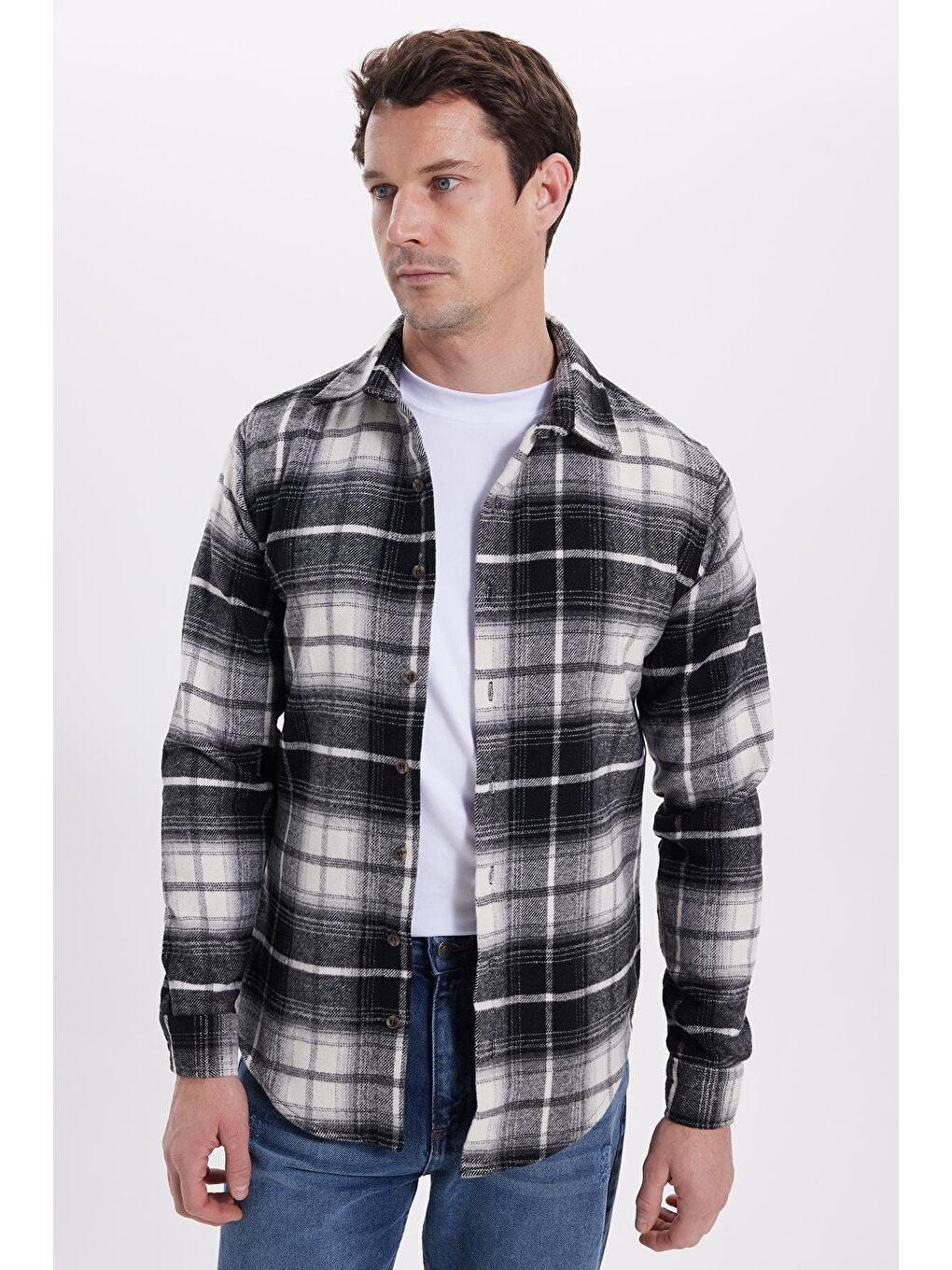 Siyah Erkek Slim Fit Dar Kesim Kareli Kışlık Oduncu Gömlek-7