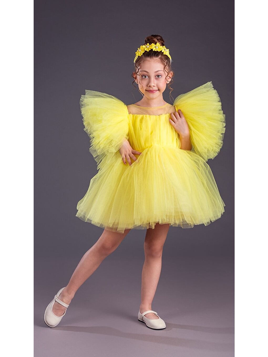 Sarı Tütü Etekli Kabarık Kollu Komotini Taçlı Kız Çocuk Abiye Elbise MNK0582-8