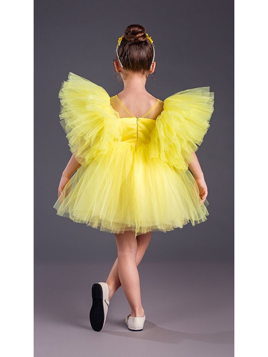 Sarı Tütü Etekli Kabarık Kollu Komotini Taçlı Kız Çocuk Abiye Elbise MNK0582-9