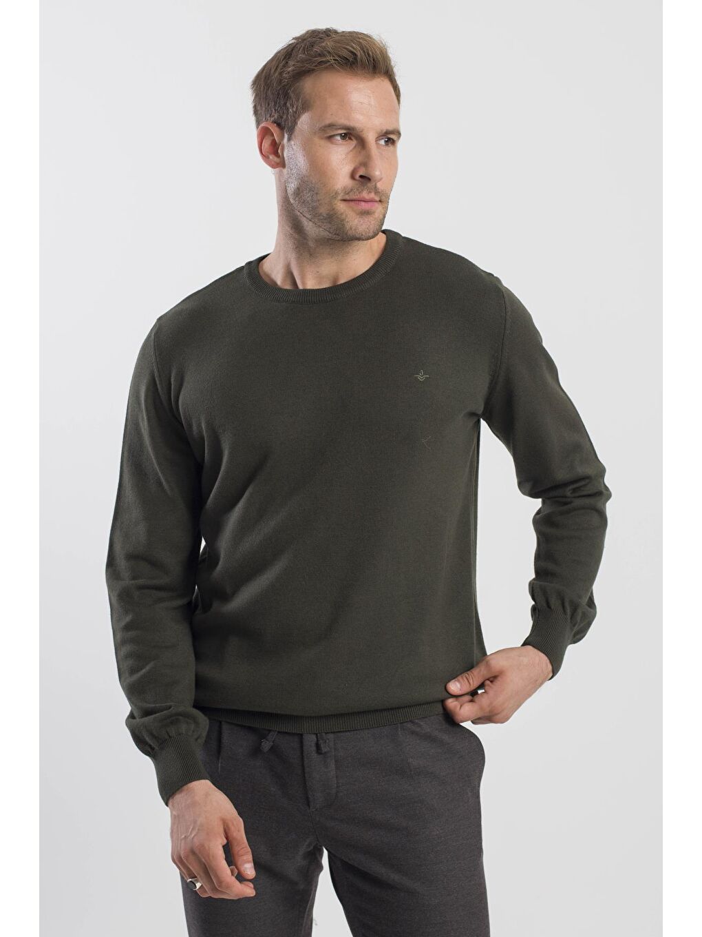 Haki Slim Fit Bisiklet Yaka Triko Kazak-1