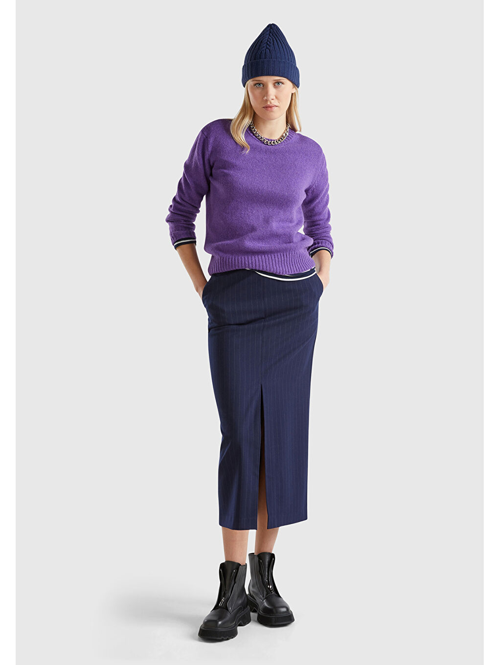 Kadın Mor Bisiklet Yaka Shetland Kazak-2