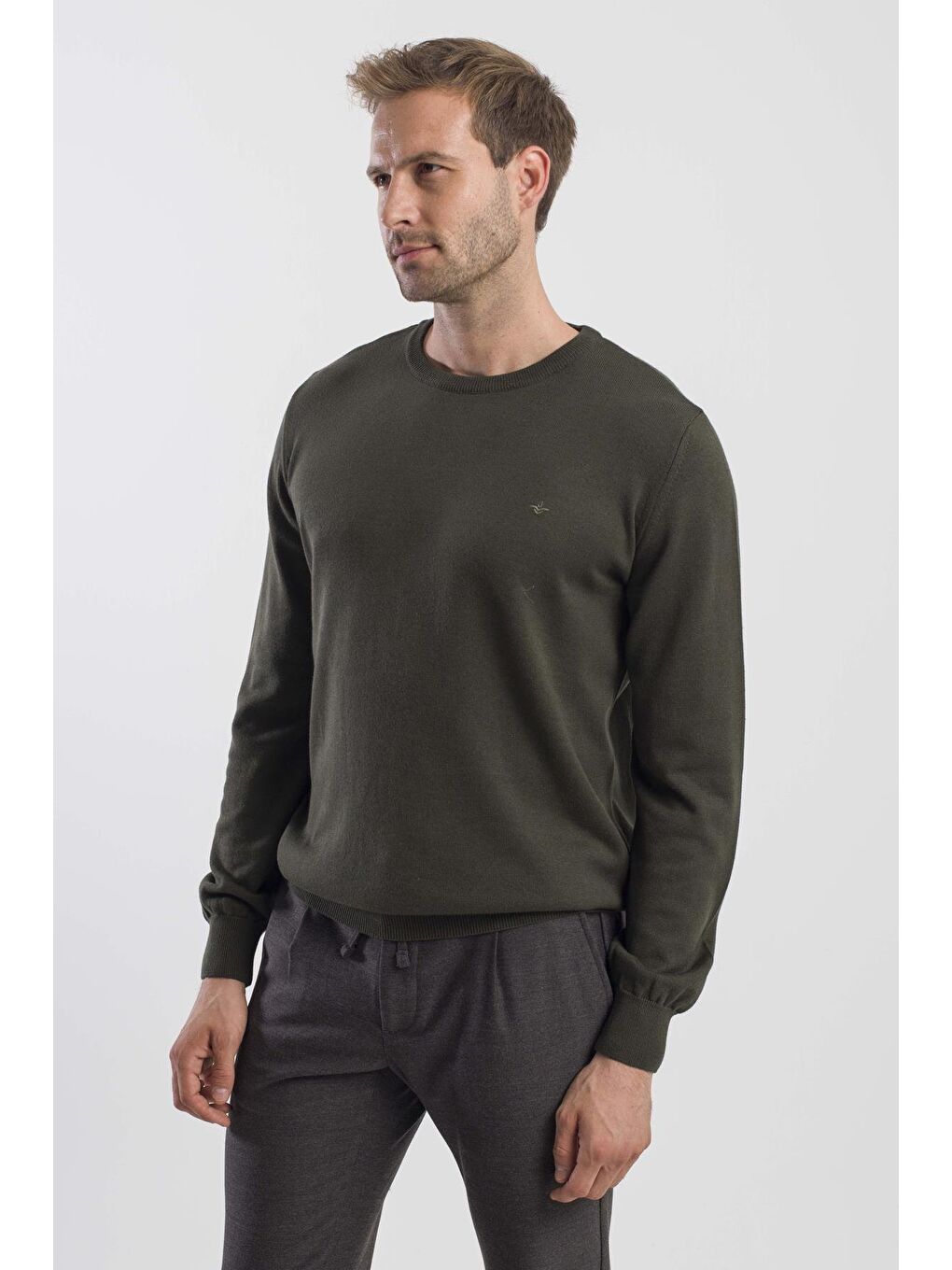 Haki Slim Fit Bisiklet Yaka Triko Kazak-2