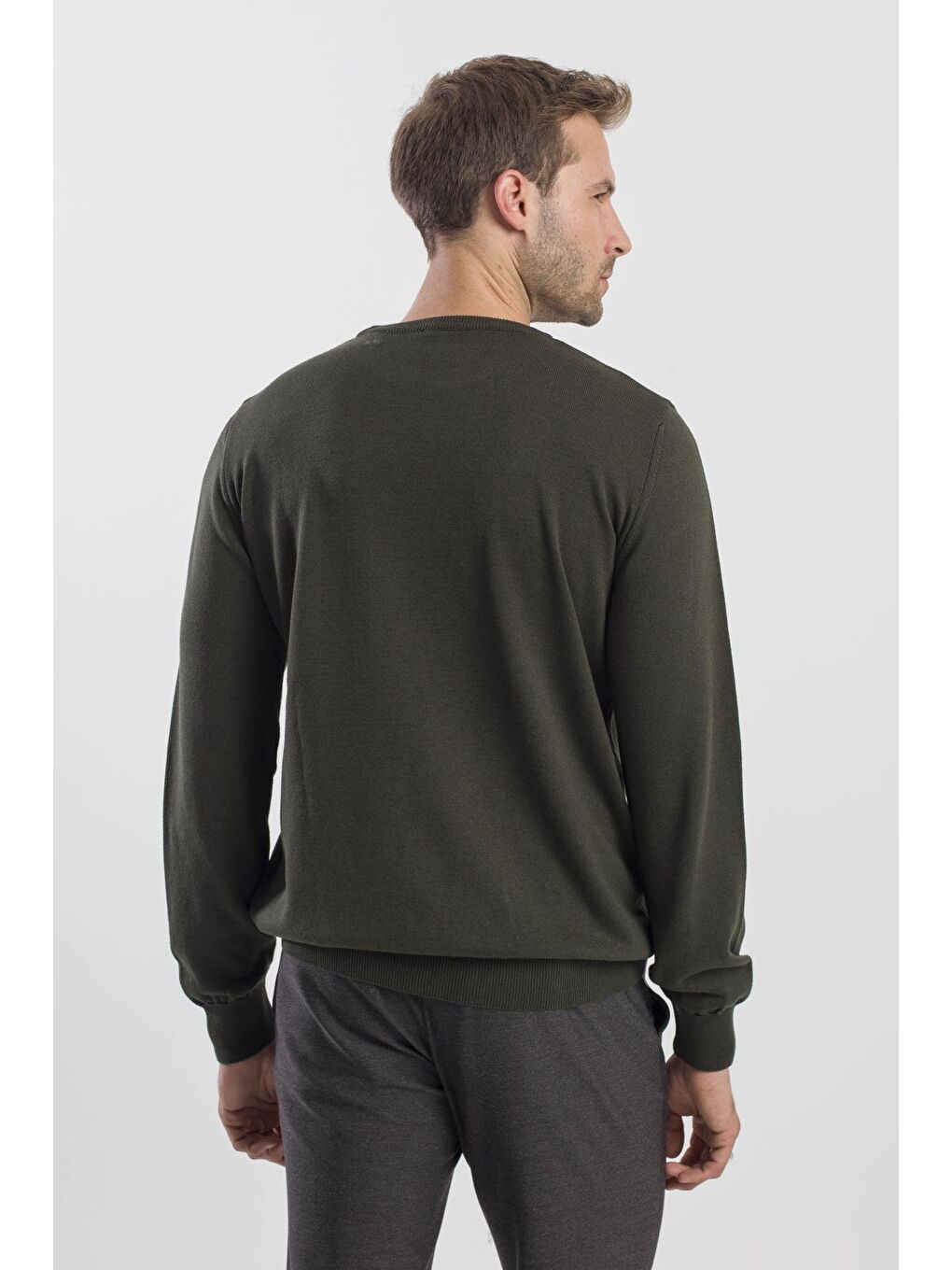 Haki Slim Fit Bisiklet Yaka Triko Kazak-3