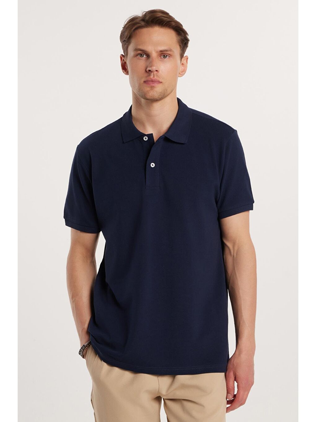 Erkek Regular Fit Klasik Kesim %100 Pamuk Düz Pike Lacivert Polo Yaka Tişört-2