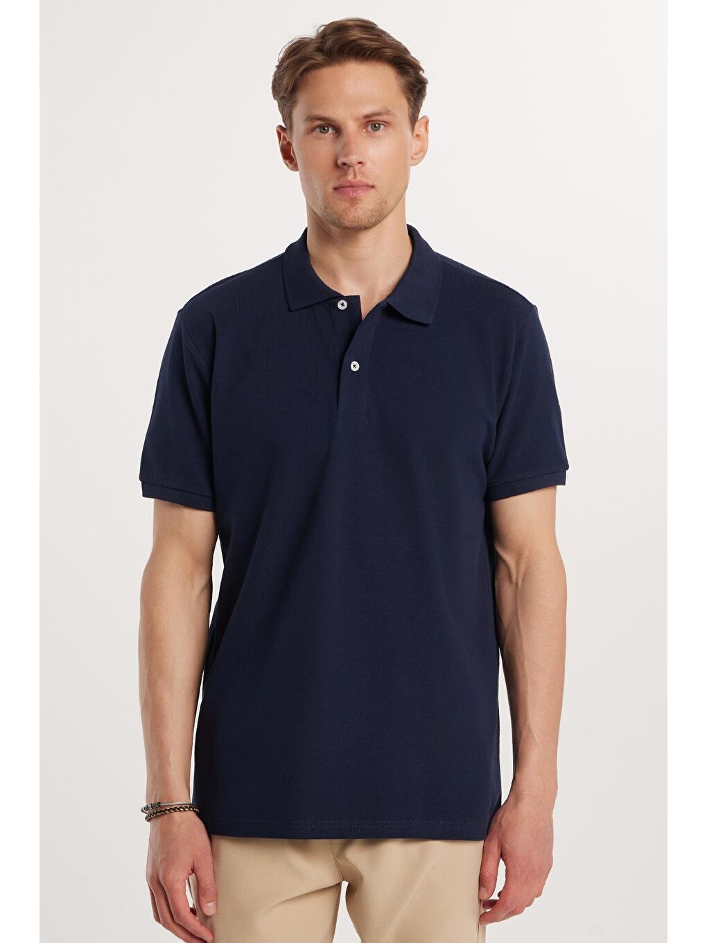 Erkek Regular Fit Klasik Kesim %100 Pamuk Düz Pike Lacivert Polo Yaka Tişört-3