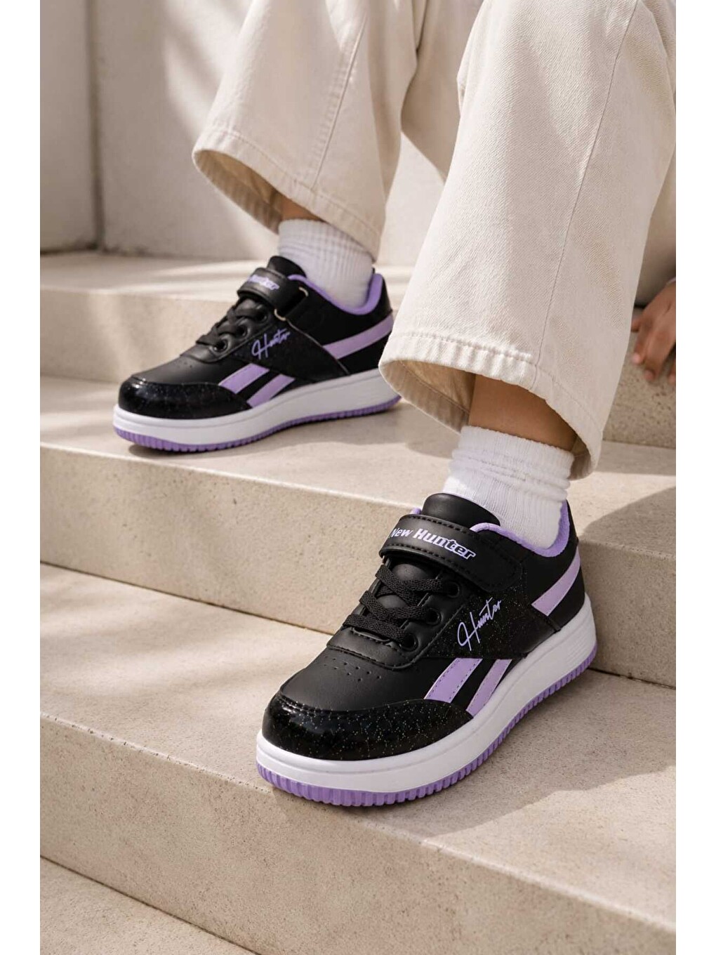 Siyah Çocuk Günlük Spor Ayakkabı Okul-günlük Cırt Cırtlı Rahat Sneaker Hafif Kaymaz Taban-3