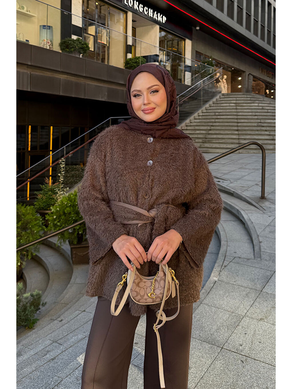 Kadın Kuşak Detaylı Hırka Kahverengi-1