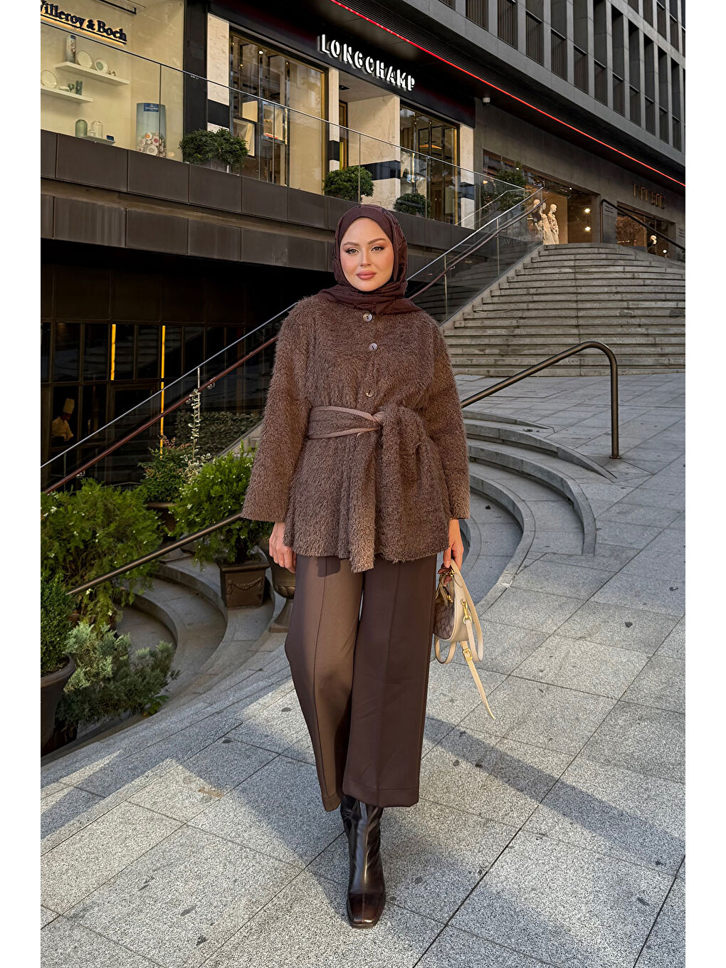 Kadın Kuşak Detaylı Hırka Kahverengi-2