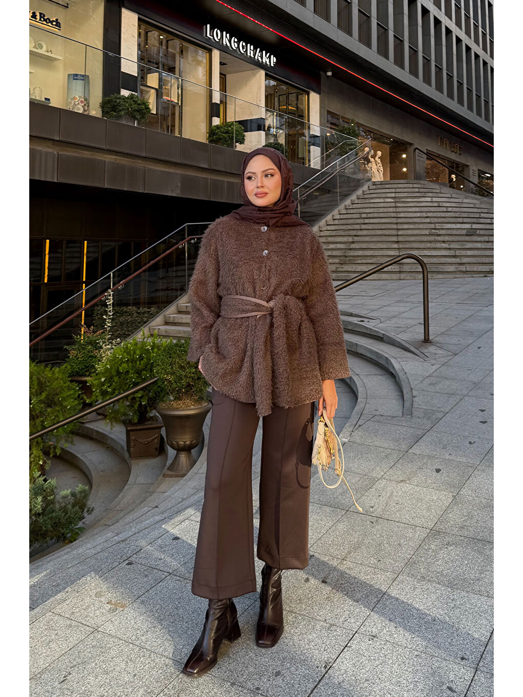 Kadın Kuşak Detaylı Hırka Kahverengi-3