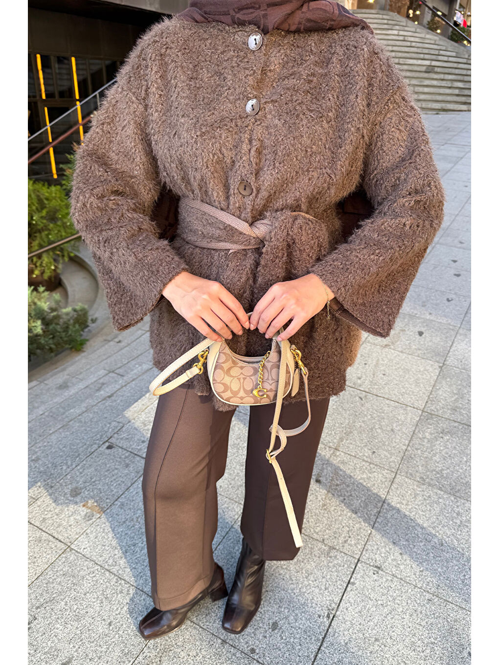 Kadın Kuşak Detaylı Hırka Kahverengi-4