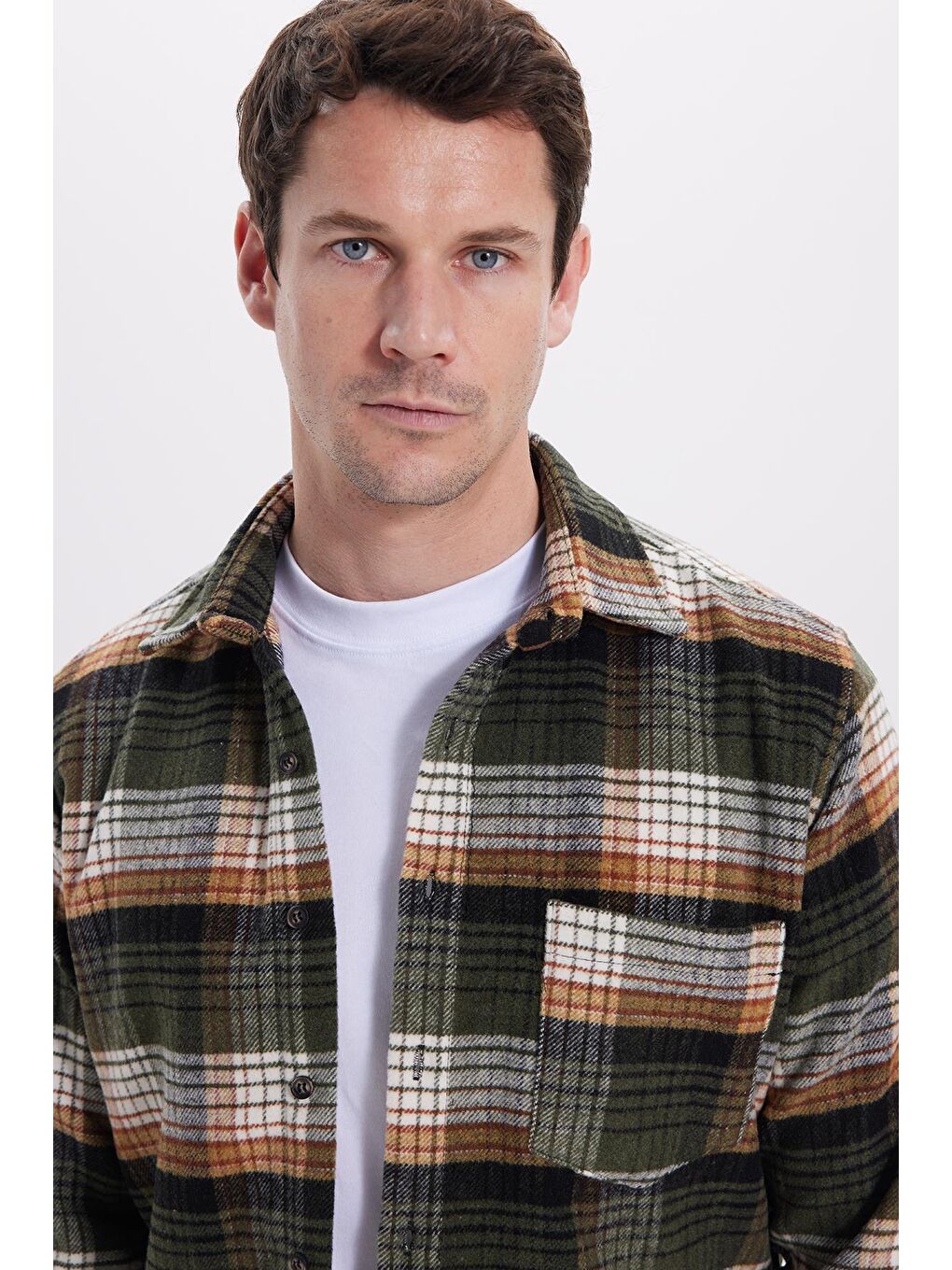 Haki Erkek Regular Fit Rahat Kesim Kışlık Kareli Oduncu Gömlek-1