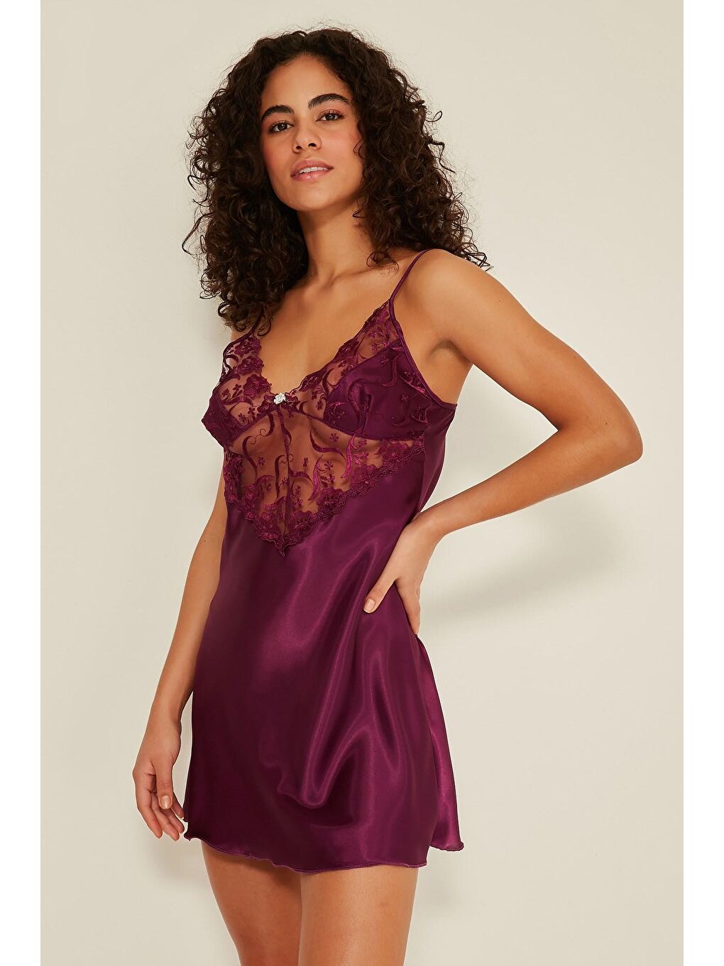 047 Kadın Saten Gecelik Sabahlık Takım Mor-1