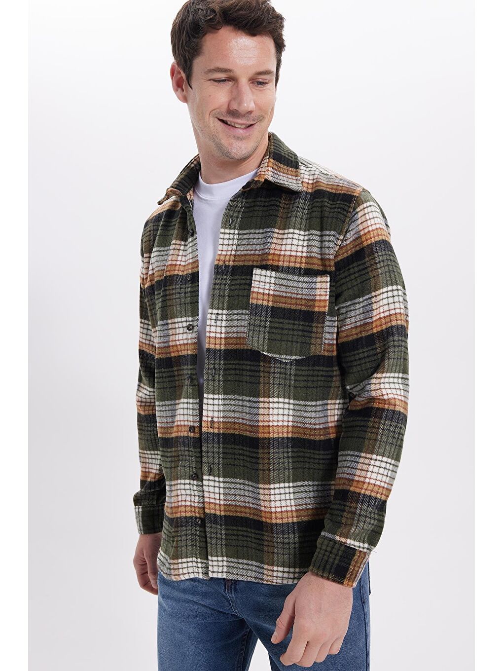 Haki Erkek Regular Fit Rahat Kesim Kışlık Kareli Oduncu Gömlek-6