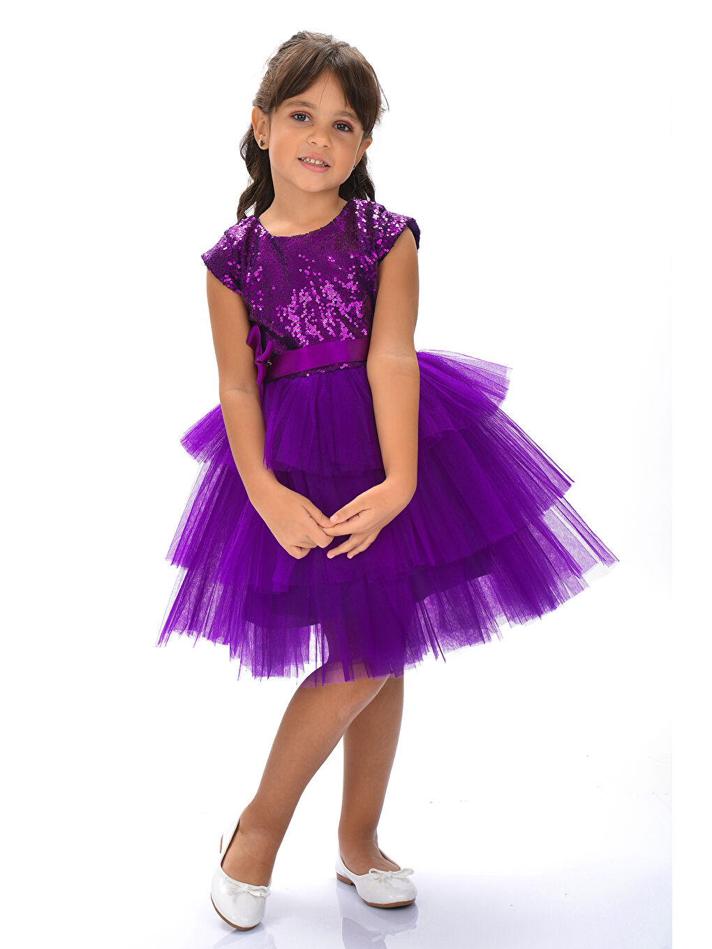 Mor Çocuk Pullu Tüllü Parti Elbisesi-1