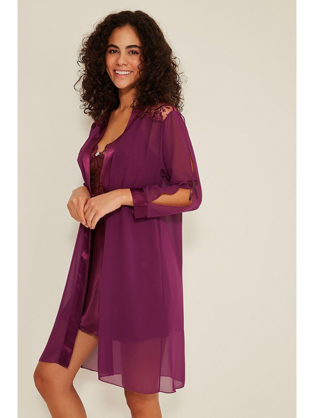 047 Kadın Saten Gecelik Sabahlık Takım Mor-2