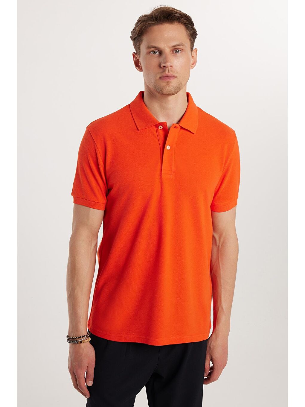 Erkek Slim Fit Dar Kesim %100 Pamuk Mercan Polo Yaka Tişört-1