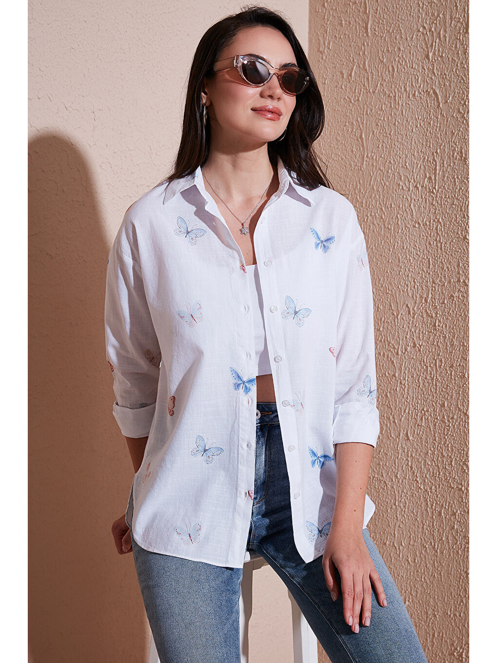 Ekru Pamuk ve Keten Karışımlı Regular Fit Desenli Gömlek 6773195