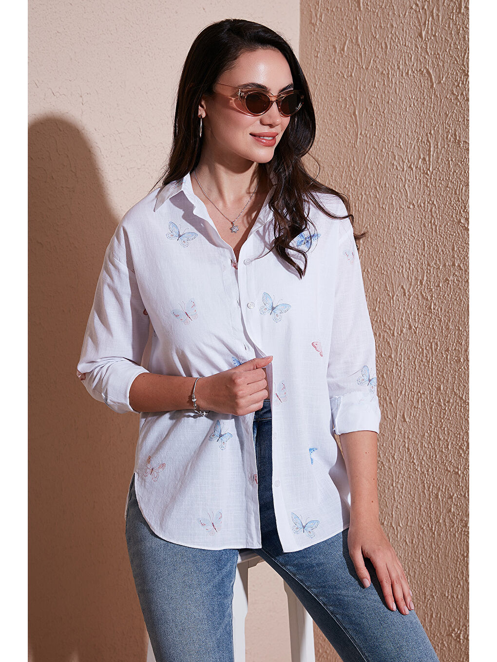 Ekru Pamuk ve Keten Karışımlı Regular Fit Desenli Gömlek 6773195-1