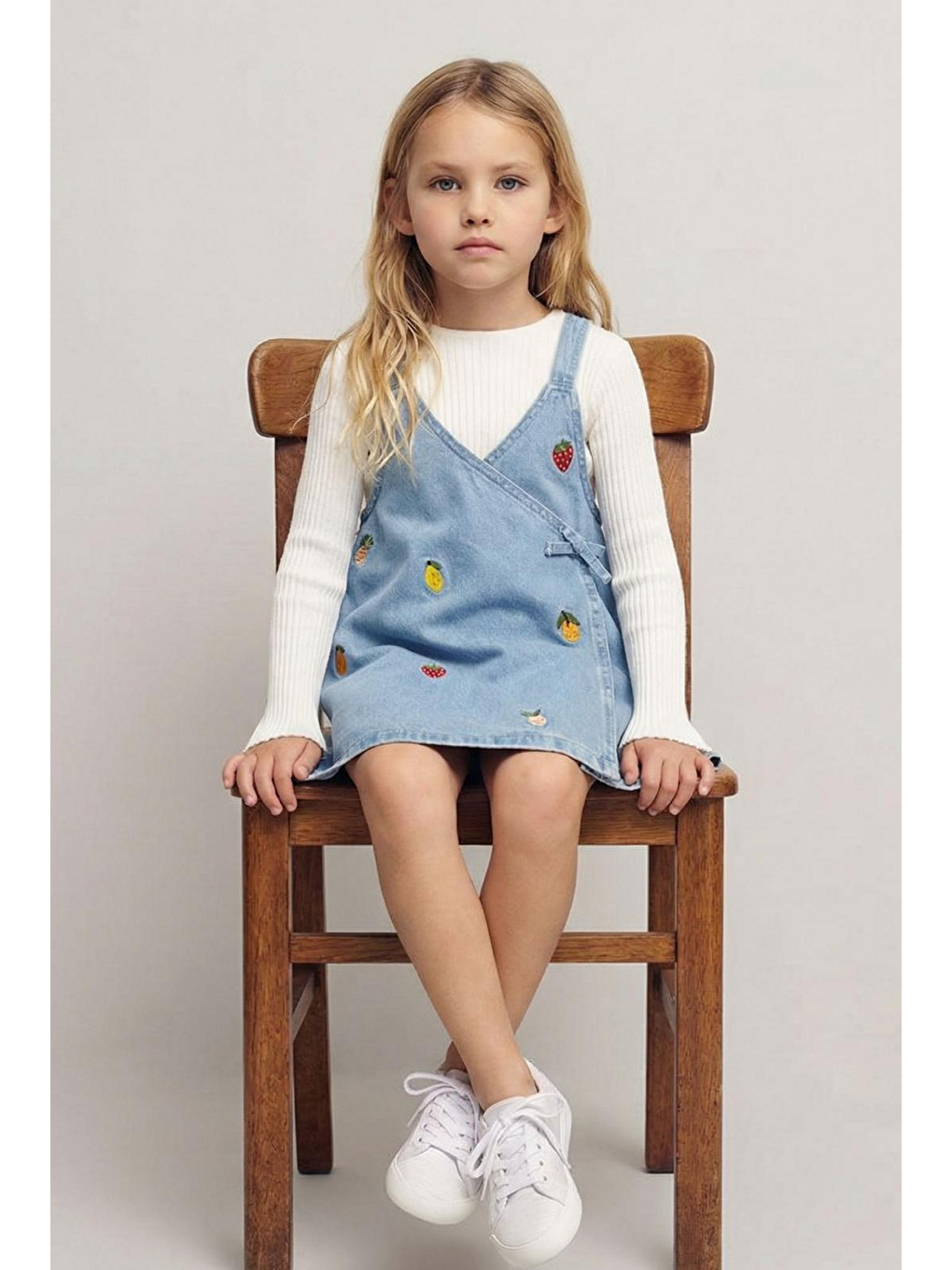 Kız Çocuk Pamuklu Mavi Meyve Nakışlı Salopet Elbise - Günlük Şıklık-1