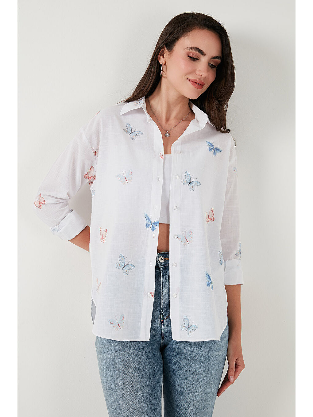 Ekru Pamuk ve Keten Karışımlı Regular Fit Desenli Gömlek 6773195-2