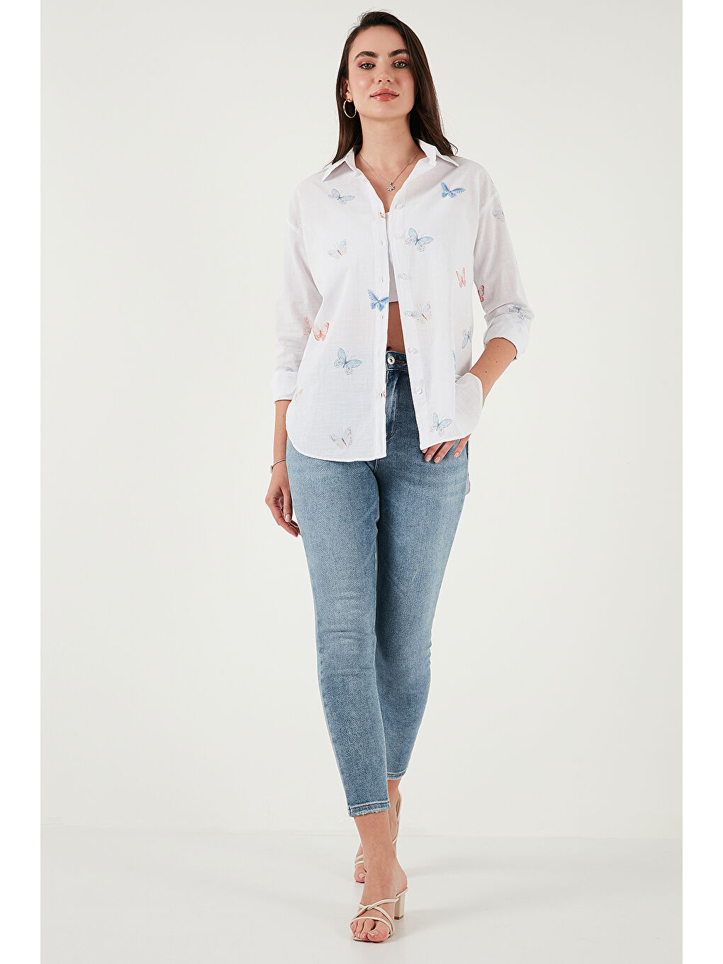 Ekru Pamuk ve Keten Karışımlı Regular Fit Desenli Gömlek 6773195-3