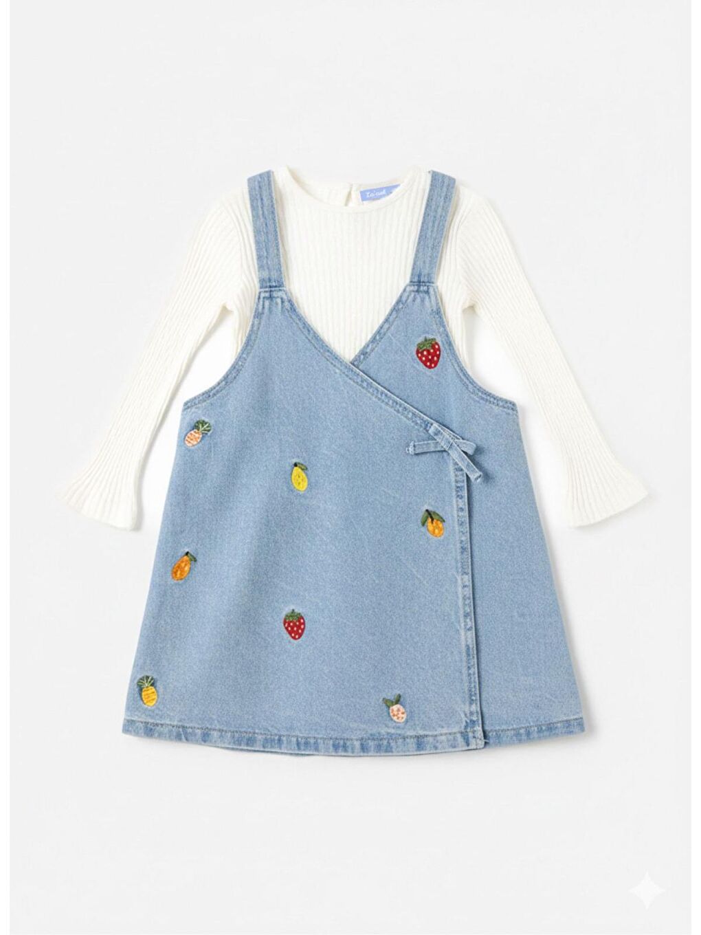 Kız Çocuk Pamuklu Mavi Meyve Nakışlı Salopet Elbise - Günlük Şıklık-2