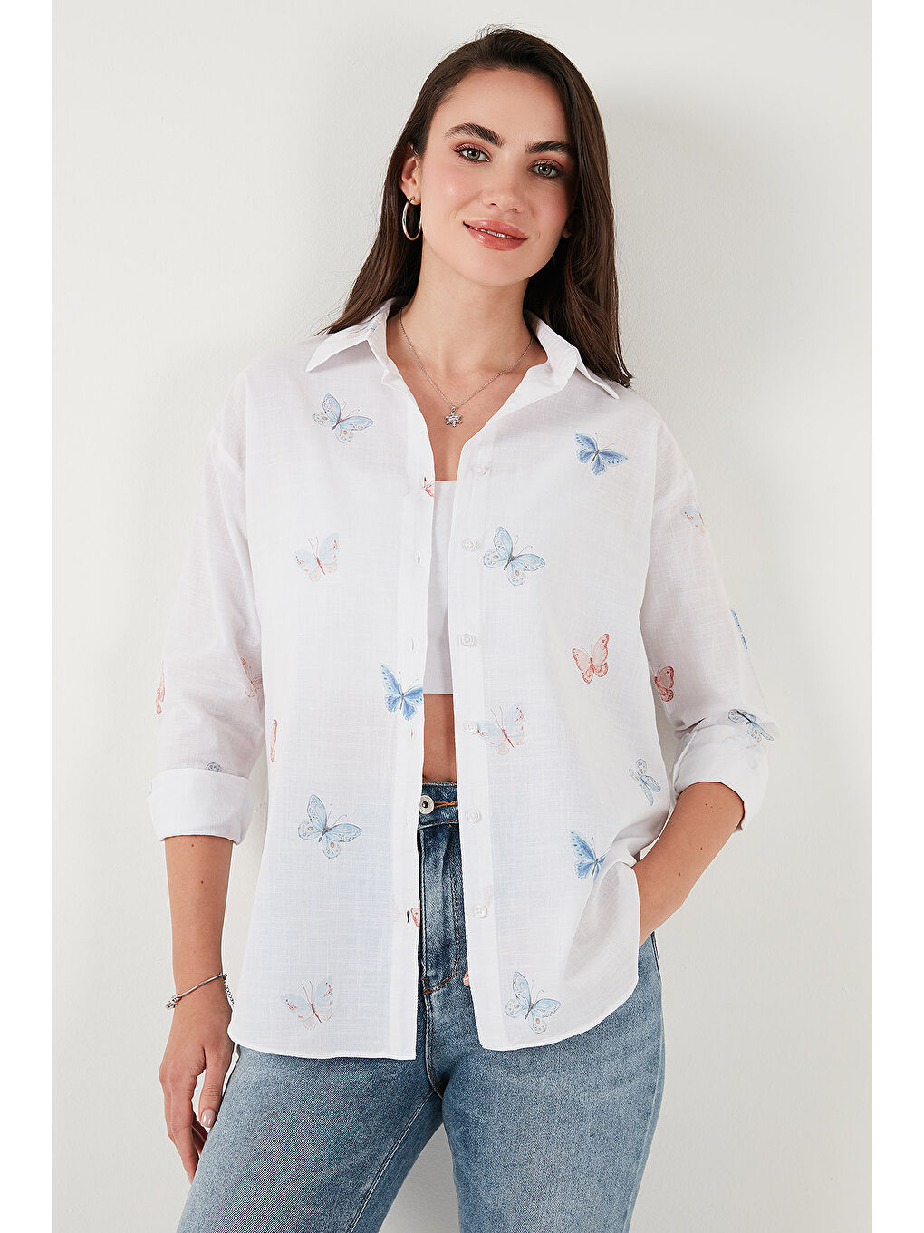 Ekru Pamuk ve Keten Karışımlı Regular Fit Desenli Gömlek 6773195-5