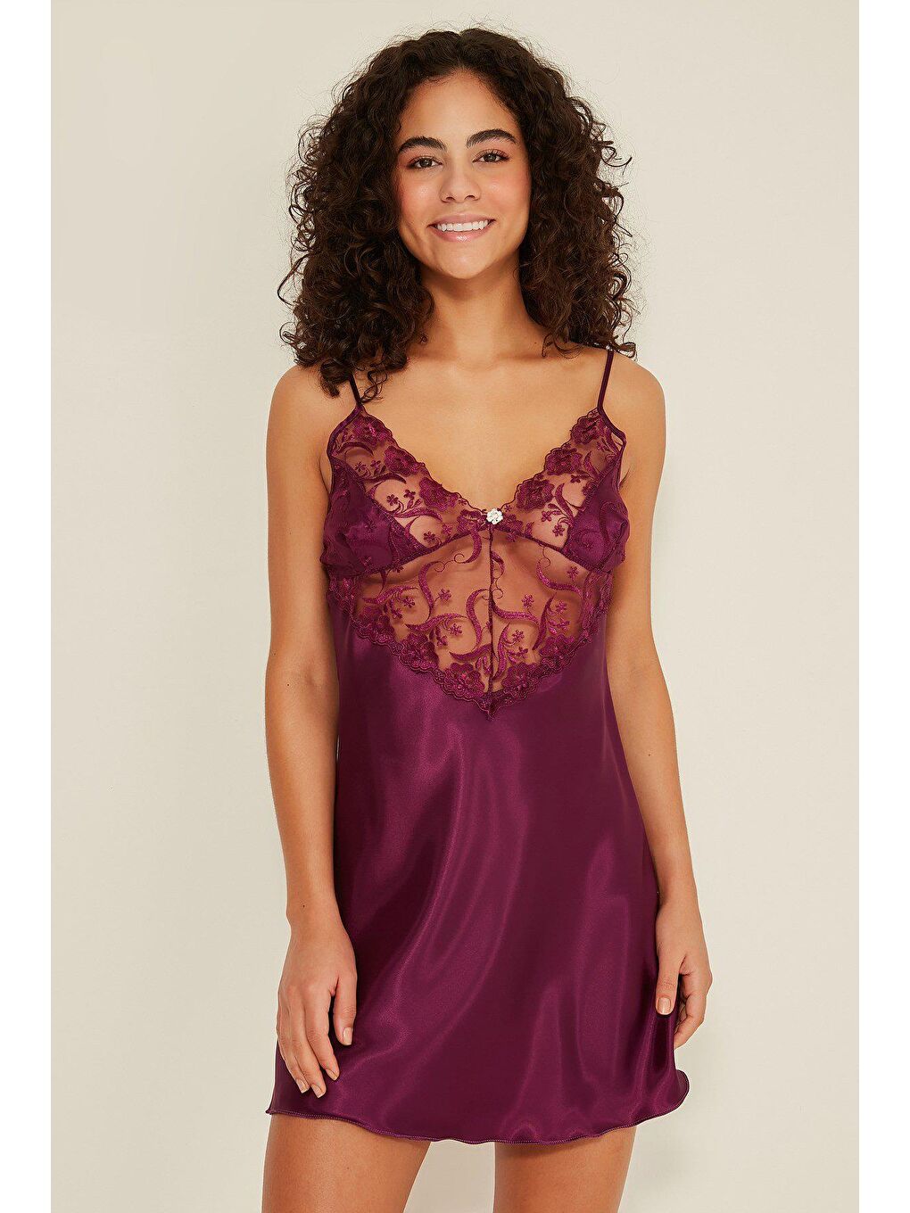 047 Kadın Saten Gecelik Sabahlık Takım Mor-5