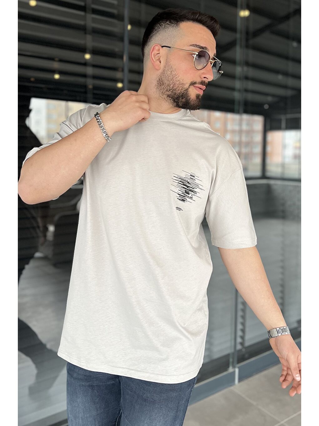 Gri Baskılı Bisiklet Yaka Erkek Tişört-1