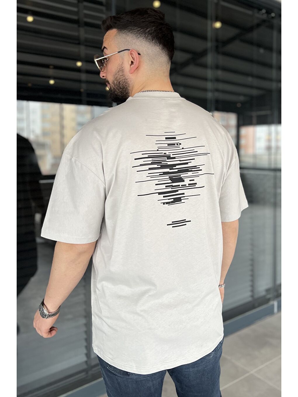 Gri Baskılı Bisiklet Yaka Erkek Tişört-2