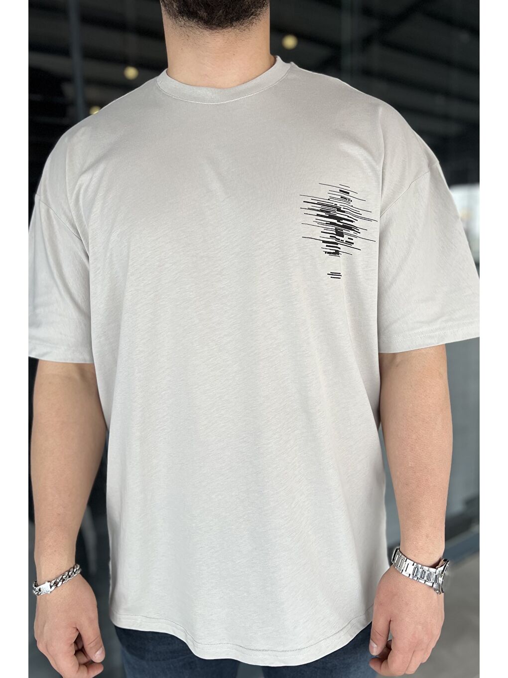 Gri Baskılı Bisiklet Yaka Erkek Tişört-3