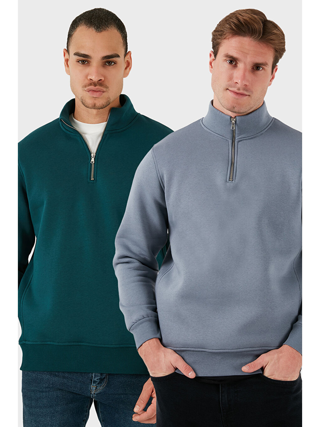 Gri Pamuklu Regular Fit Dik Yaka 2'li Paket Sweat 59052592S2