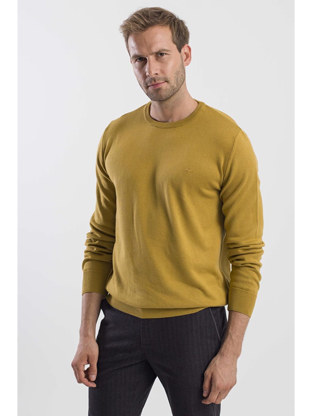 Sarı Hardal Slim Fit Bisiklet Yaka Triko Kazak-2