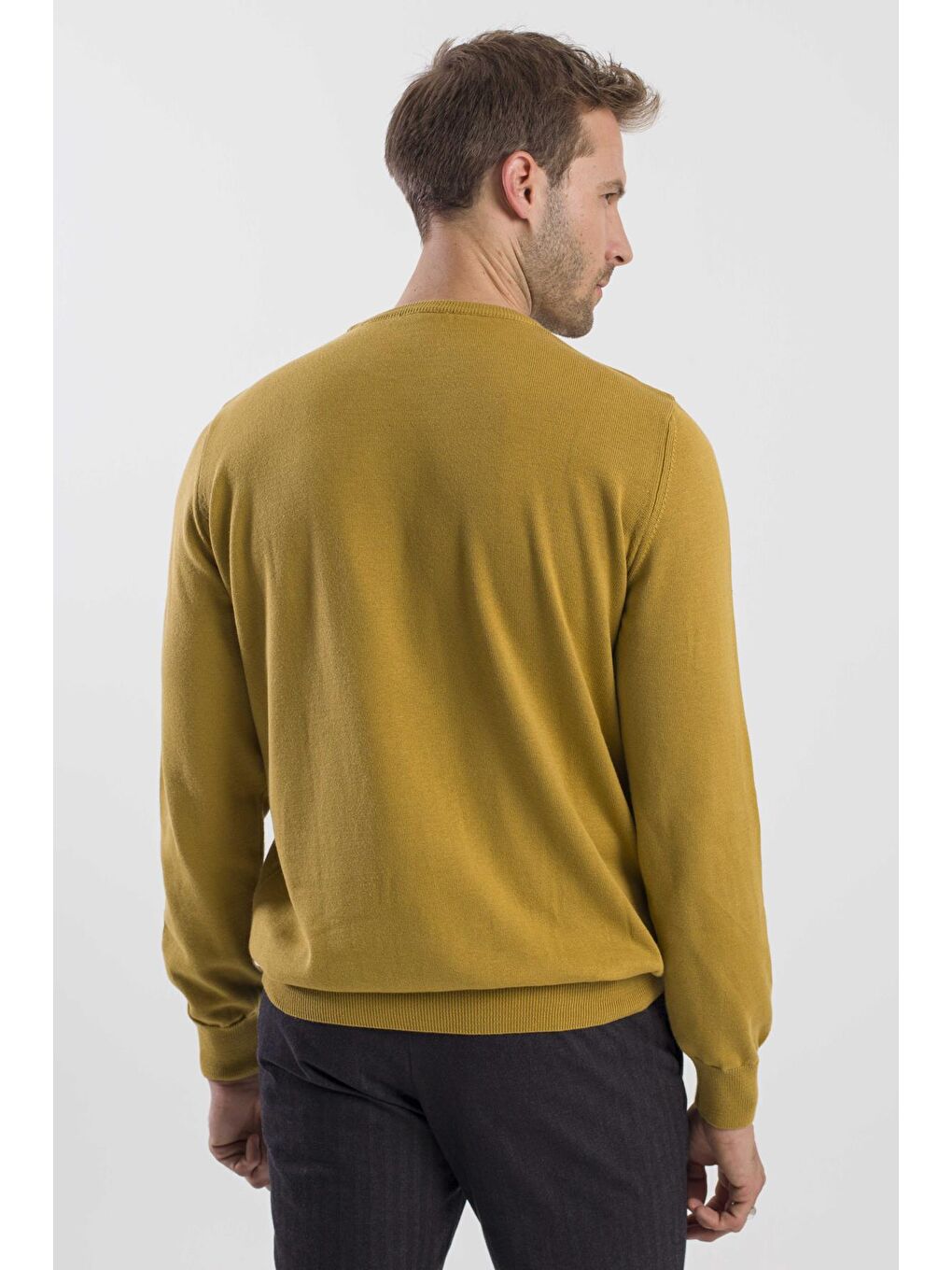 Sarı Hardal Slim Fit Bisiklet Yaka Triko Kazak-3