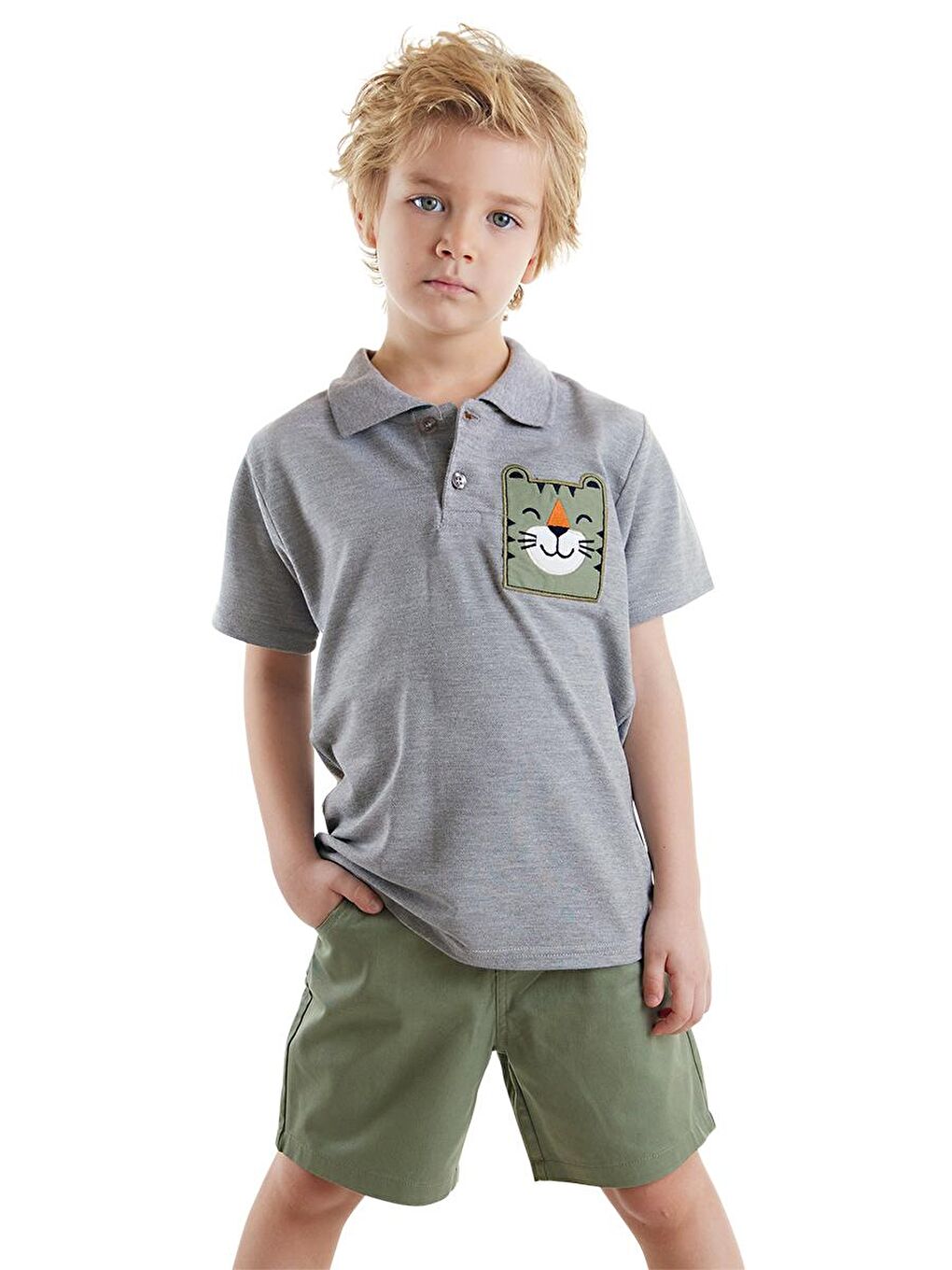 Denokids Gri Kaplan Erkek Çocuk Polo Yaka T-shirt Şort Takım