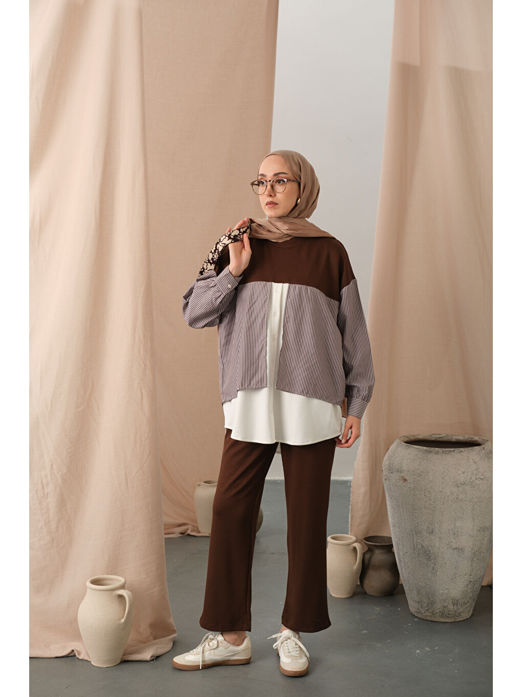 Kadın Çift Garni Detay Takım Kahverengi