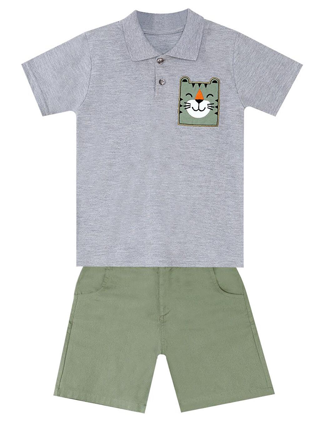 Denokids Gri Kaplan Erkek Çocuk Polo Yaka T-shirt Şort Takım - 2