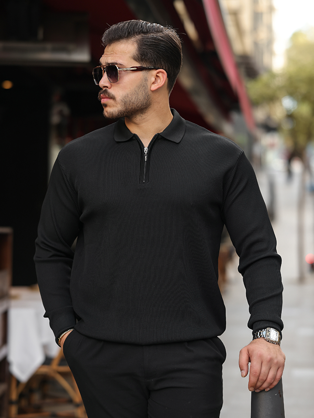 Siyah Erkek Selanik Örme Yakalı Uzun Kollu Triko Kazak