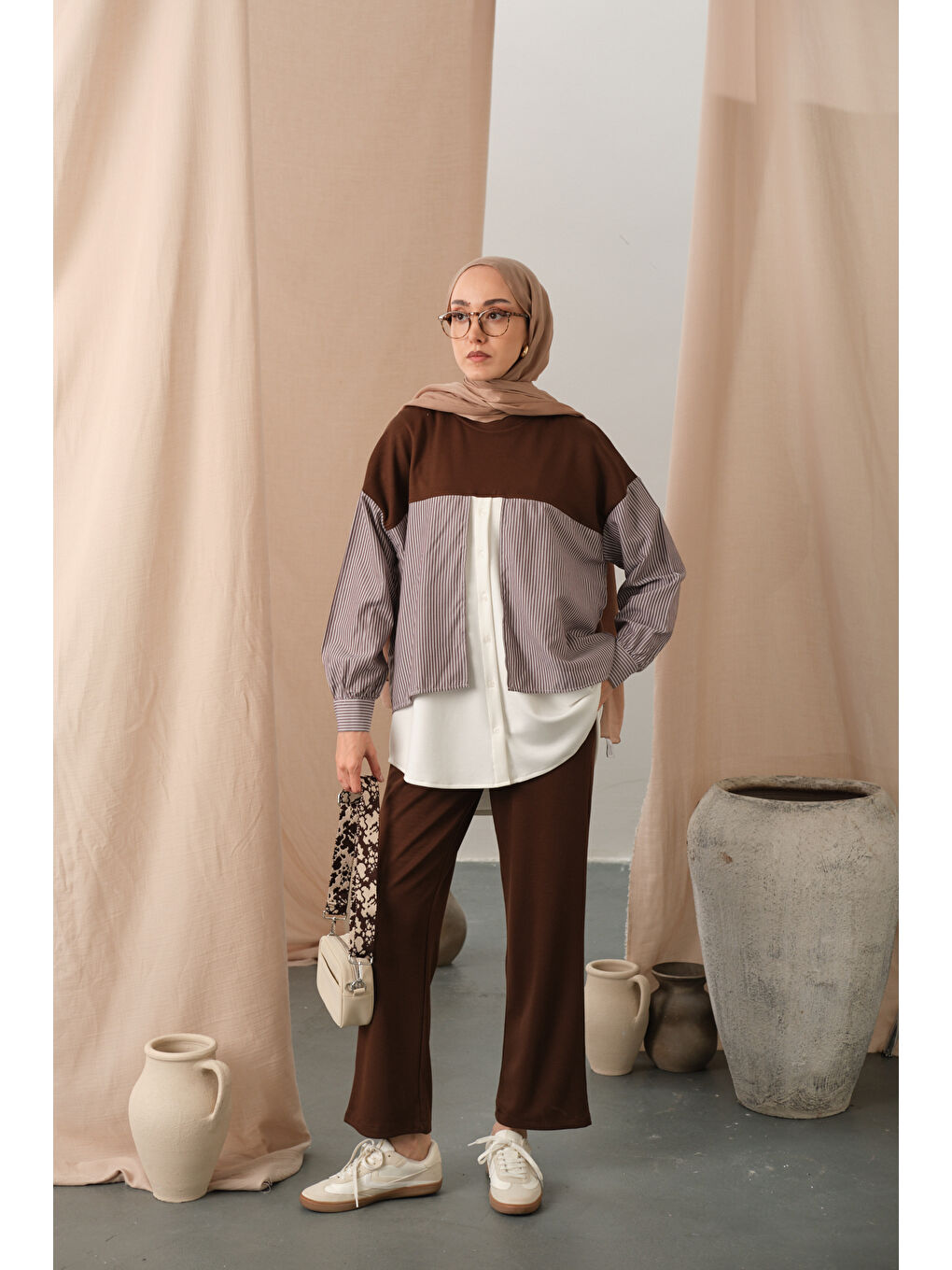 Kadın Çift Garni Detay Takım Kahverengi-1