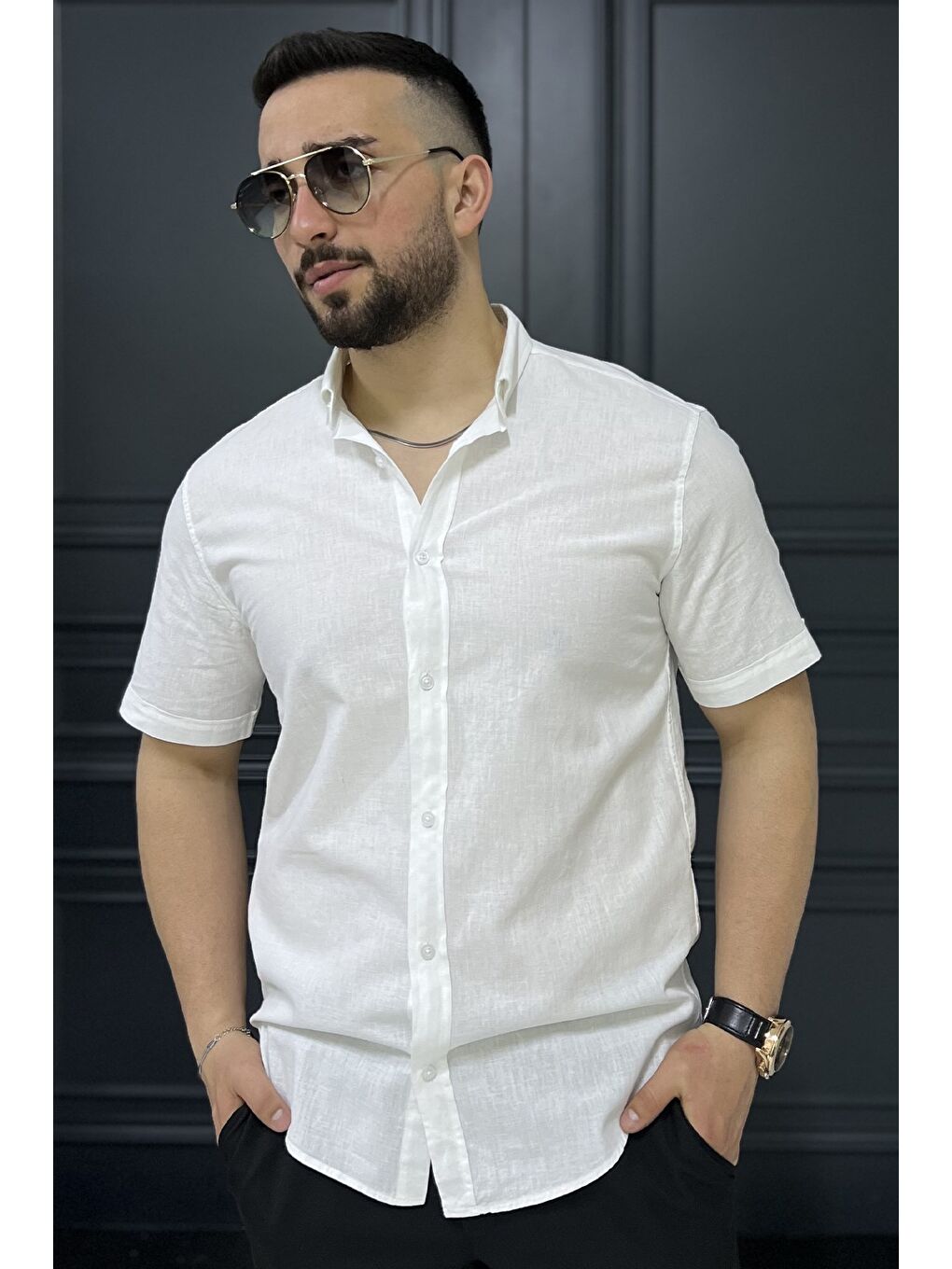 Beyaz Erkek Kısa Kol Keten Gömlek-1
