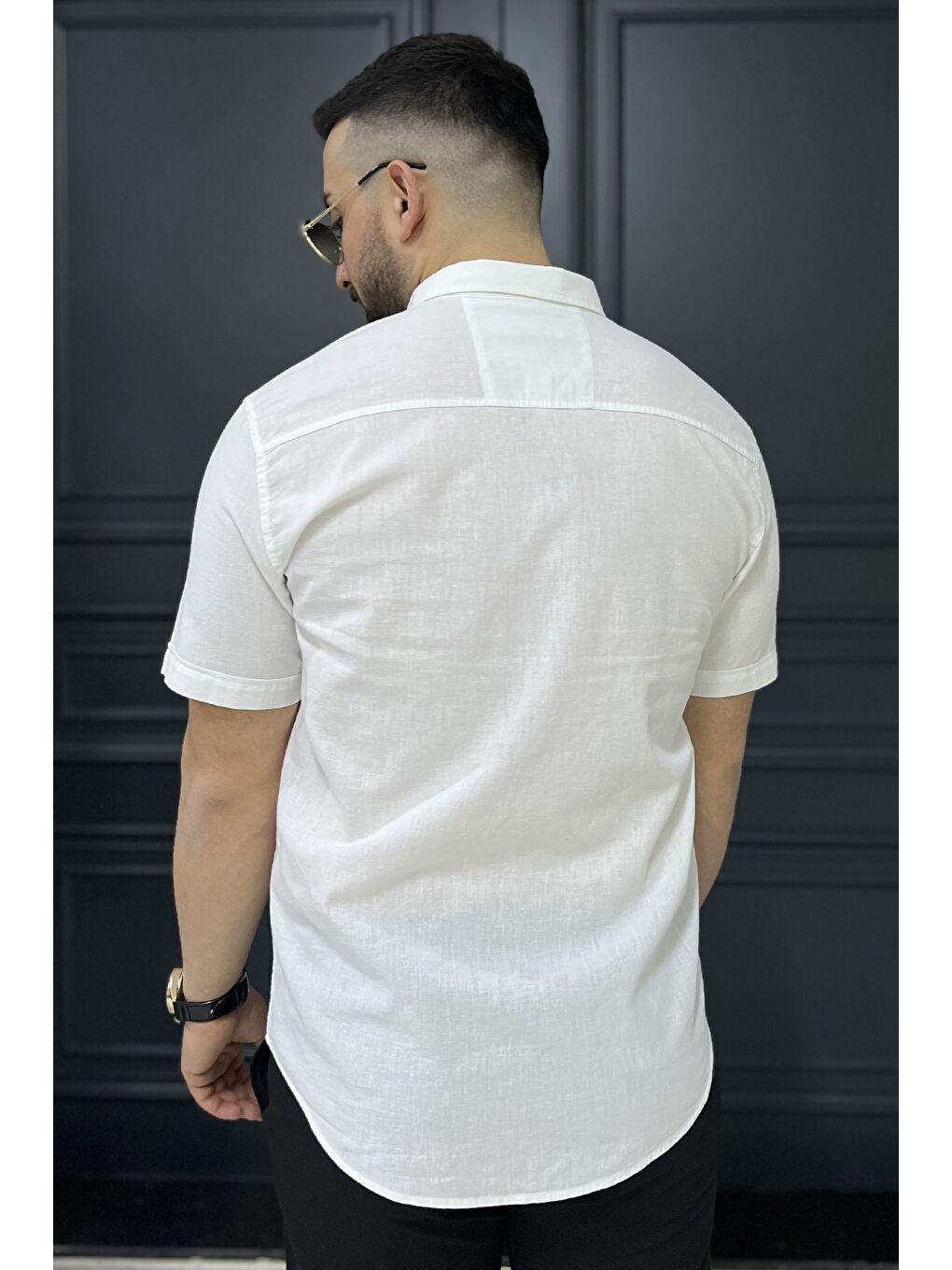 Beyaz Erkek Kısa Kol Keten Gömlek-2