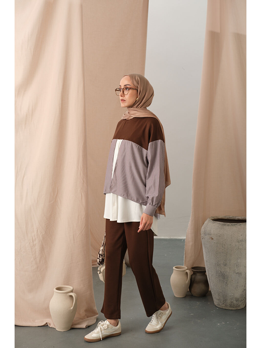 Kadın Çift Garni Detay Takım Kahverengi-2
