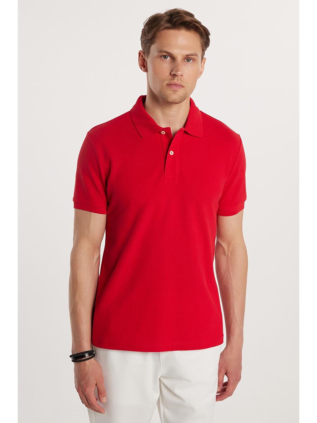 Erkek Slim Fit Dar Kesim %100 Pamuk Kırmızı Polo Yaka Tişört-3