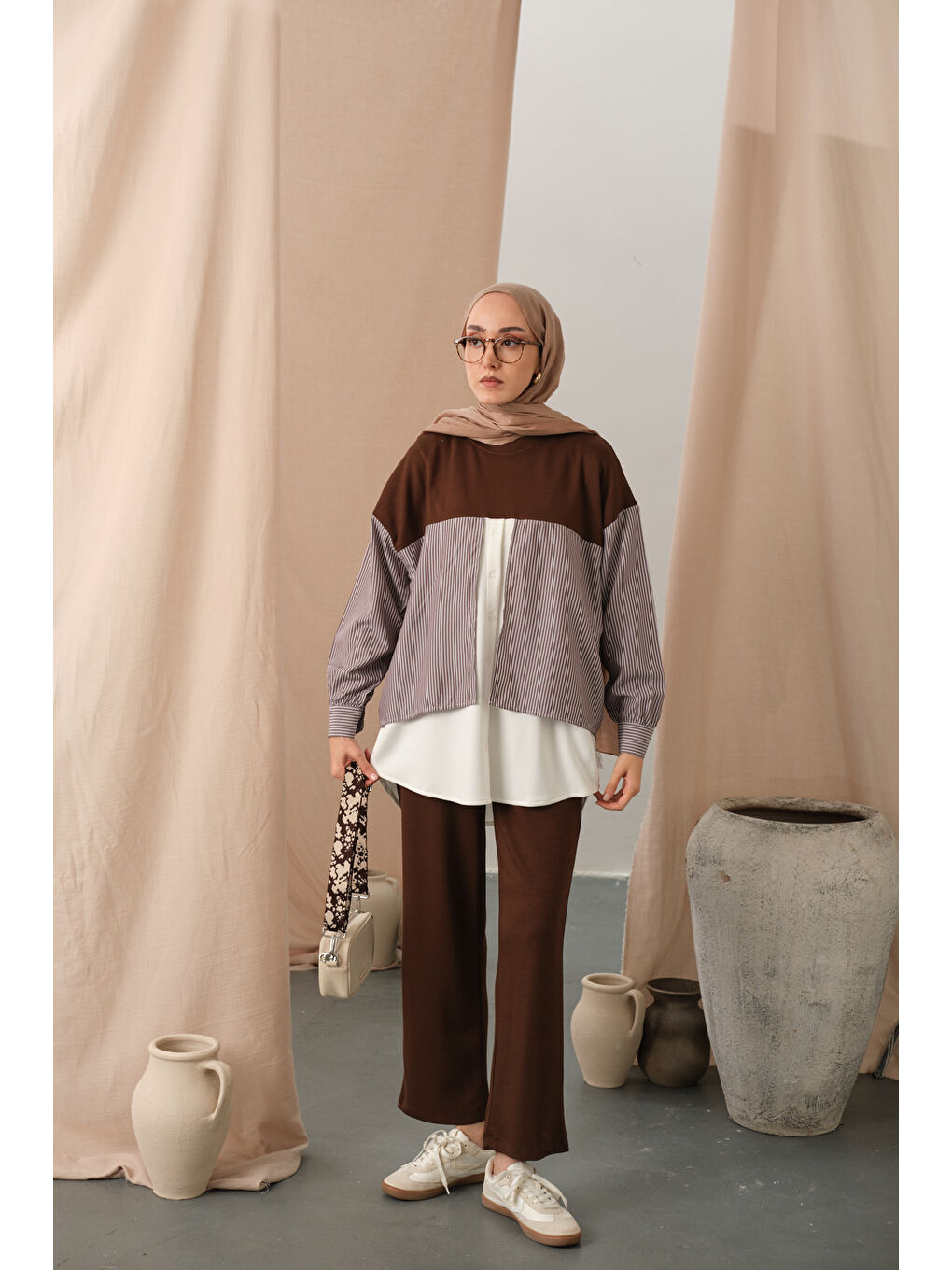 Kadın Çift Garni Detay Takım Kahverengi-3