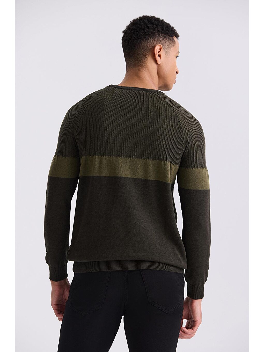 Haki Slim Fit Bisiklet Yaka Çizgi Desenli Triko Kazak-3