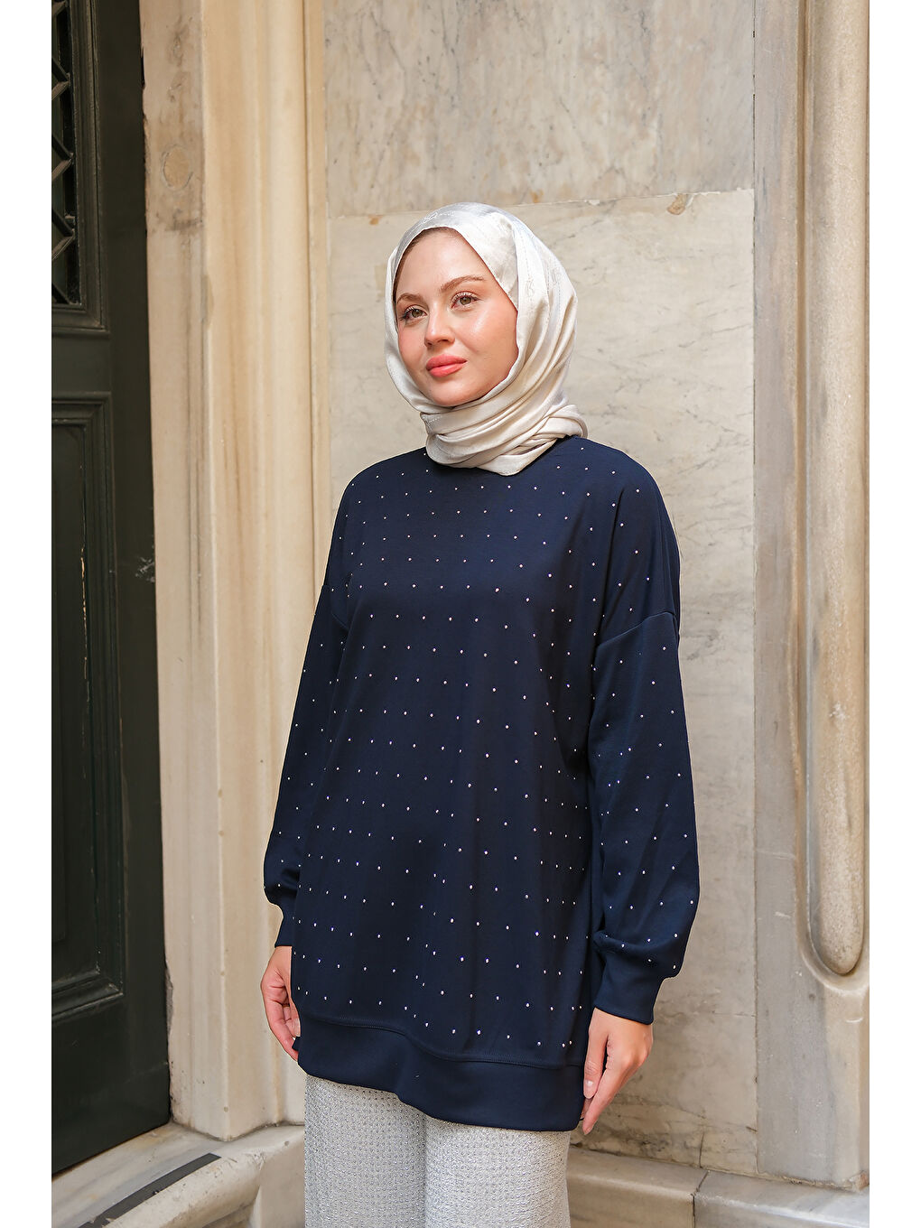 Kadın Taş Detay Tunik Lacivert-1