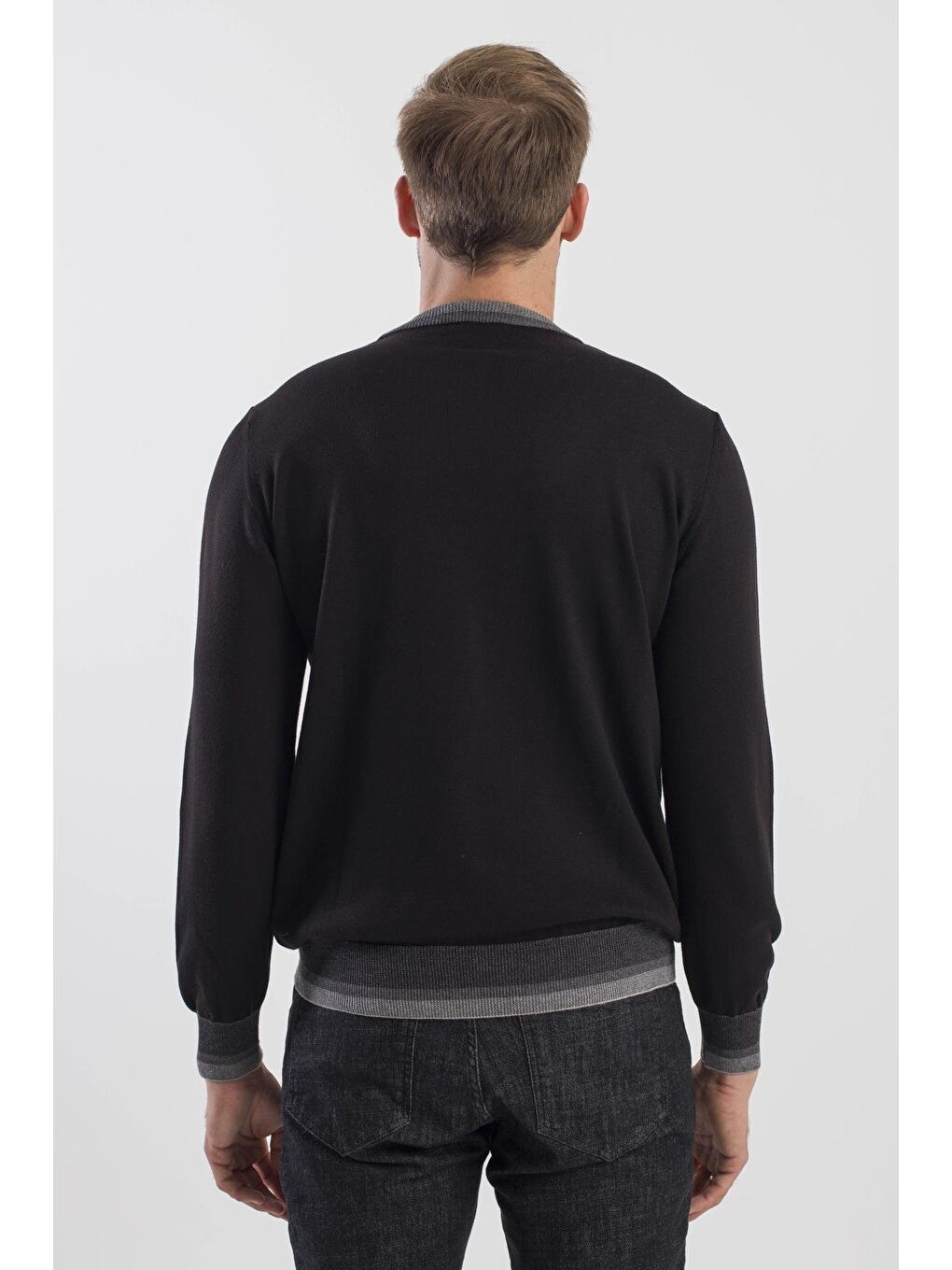 Siyah Slim Fit Bisiklet Yaka Triko Kazak-3