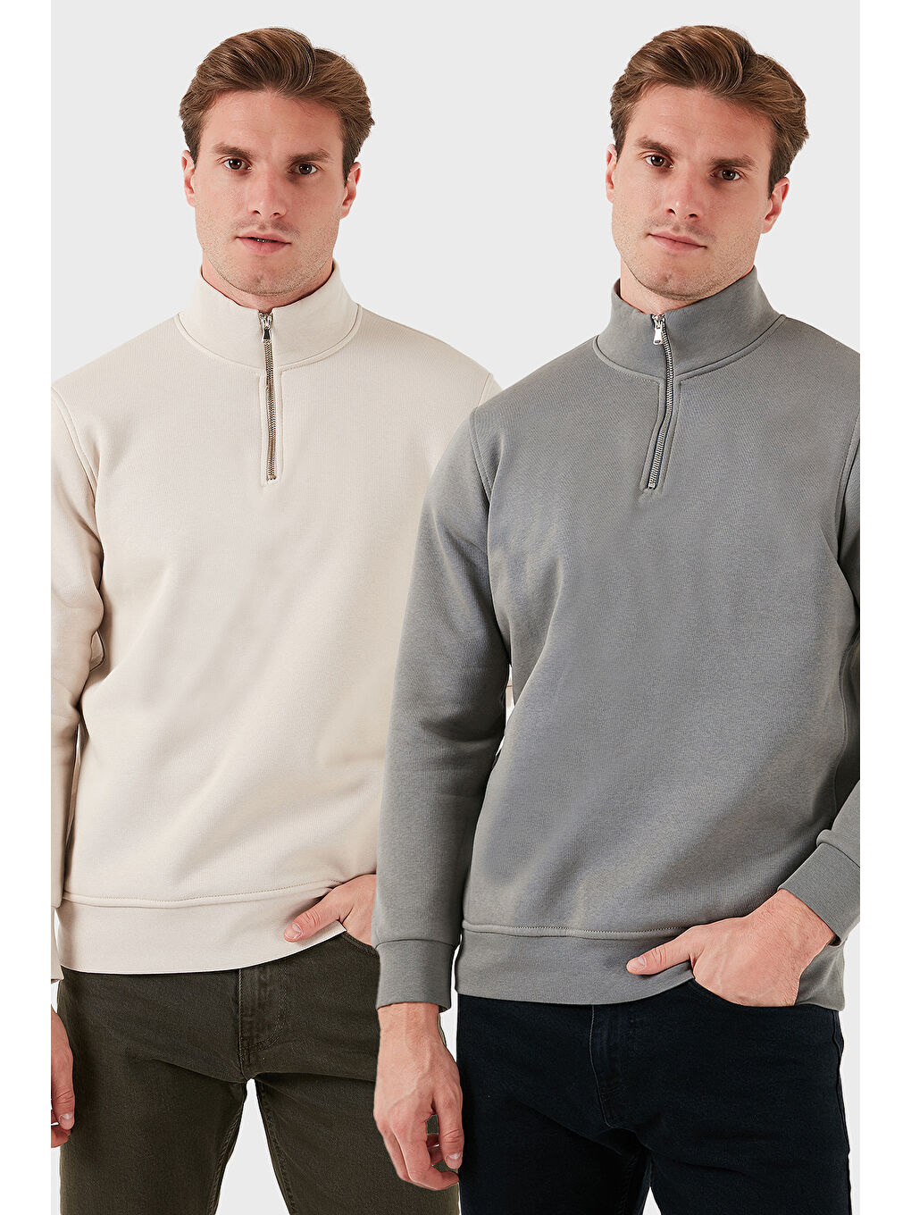 Bej Pamuklu Regular Fit Dik Yaka 2'li Paket Sweat 59052592S2