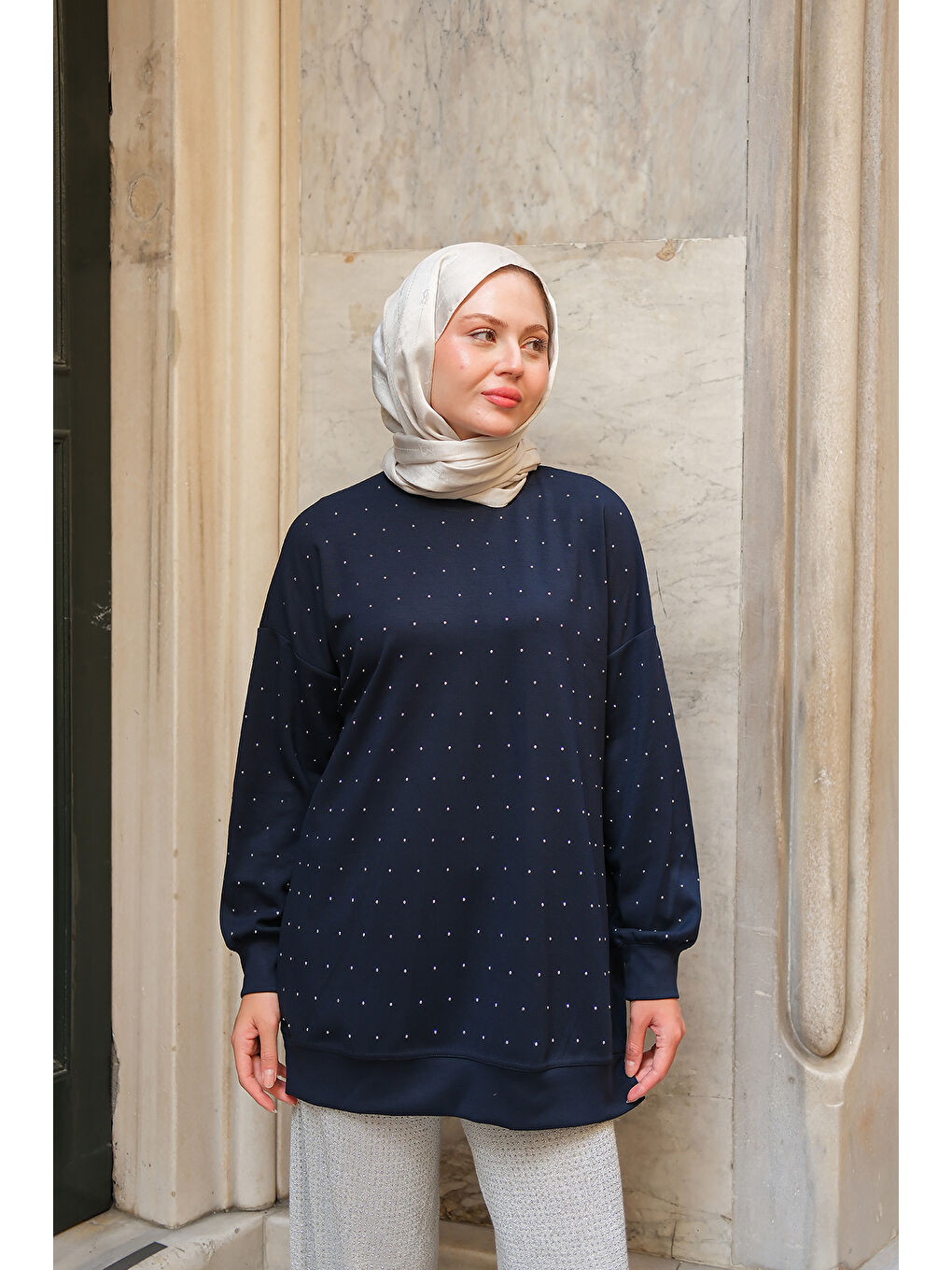 Kadın Taş Detay Tunik Lacivert-3