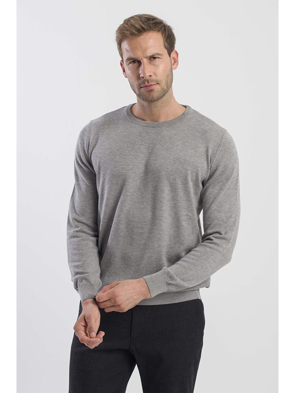 Gri Slim Fit Bisiklet Yaka Triko Kazak-2